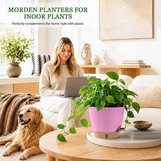 Self Watering Pots for Inoor Ourdoor Plants 8/7/6.5/6/5 Inch Plastic Planters with Drainage Holes & Water Level Indicator, Decorative House Flower Nursery Planting Pots with Saucers (Dusty Lavender)