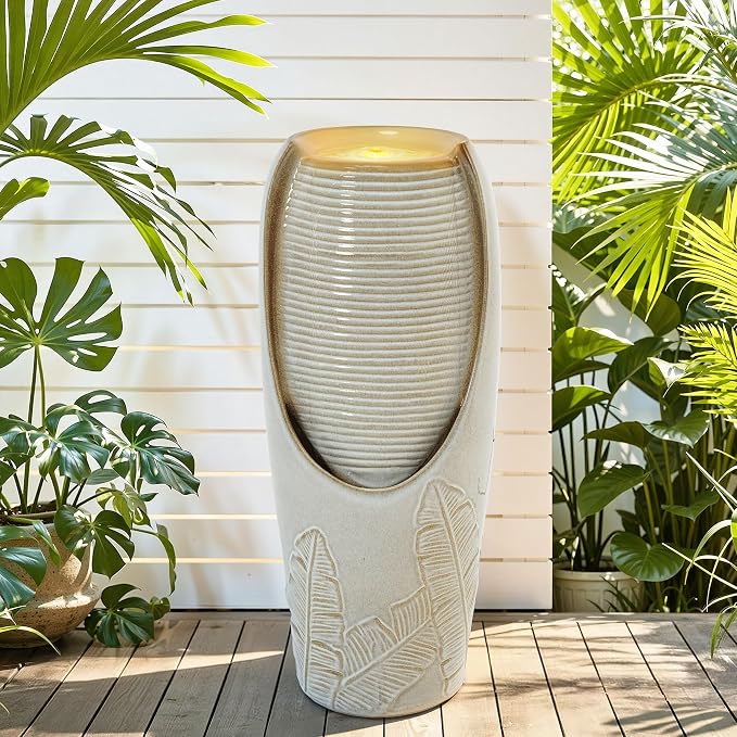 32" H Outdoor Garden Fountain with LED Lights, Modern Ceramic Jar Water Fountain, 3D Tropical Leaf Pattern, Beige Glaze, Soothing Cascading Waterfall for Relaxing Patio, Yard, Porch