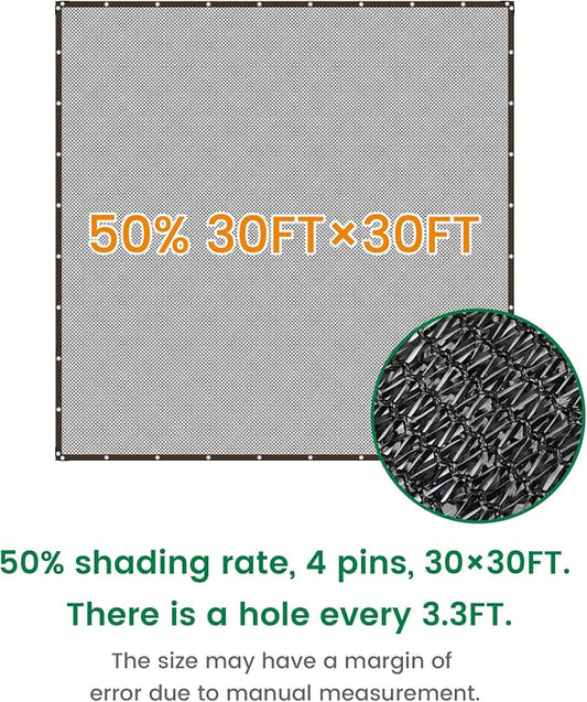 Shade Cloth, 30FT X 30FT 50% Black Outdoor Woven Sun Shade with Grommets, Durable Breathable Netting Shading Antifreezing for Patio, Garden, DIY Home, Plants Cover, Greenhouse, Dog Kennel