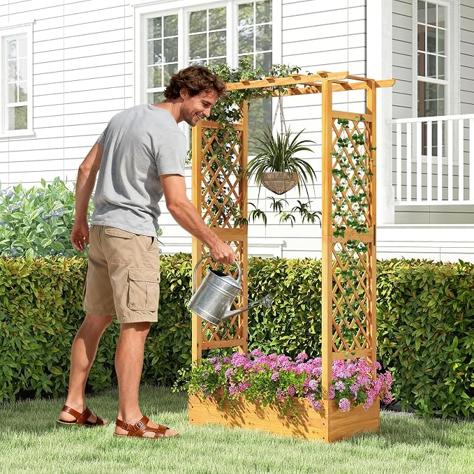 S AFSTAR 2 Pieces Wooden Raised Garden Bed with Trellis, 70" Elevated Planter Box with Hanging Roof & Open-Ended Base for Climbing Vine Flower Herb Vegetable, Outdoor Plant Container for Patio & Yard