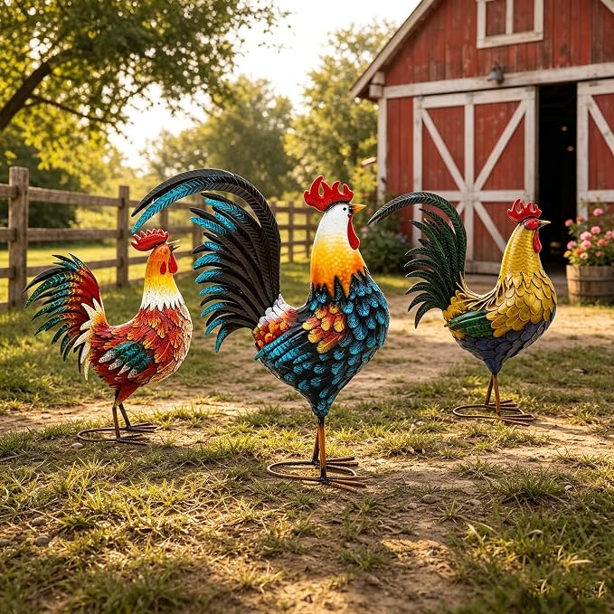 32" Majestic Metal Rooster Yard Decor, Large Outdoor Garden Statue | Outdoor Chicken Sculpture, 3D Hand-Painted, Rustic Farmhouse Style, Weather Resistant Iron, Backyard Patio Lawn Garden