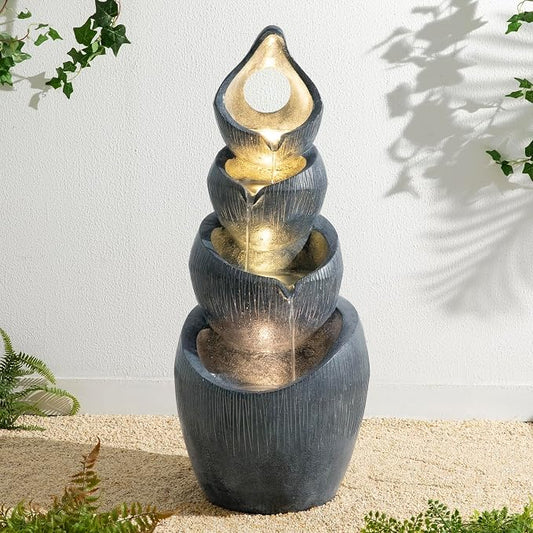 Glitzhome Outdoor Fountain with Lights & Pump, 34" H 4-Tiered Cascading Zen-Style Water Fountain Outdoor, Alms Bowl Polyresin Waterfall Water Feature for Garden, Patio, Yard, Deck Decor