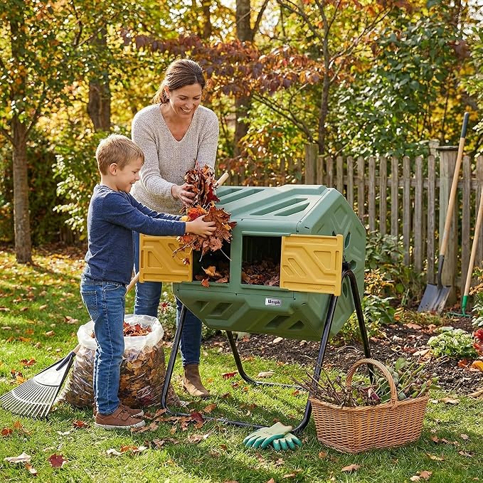 Werph 43 Gal Outdoor Compost Bin for Garden & Kitchen Waste, Grass Green | Fast Assembly, Dual Chamber with Aeration System, 360° Rotating, Tumbling Composting Bin for Kitchen, Garden, Yard