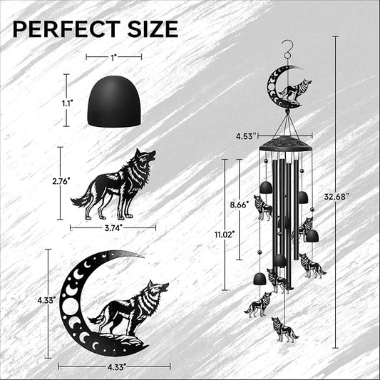 Wolf Wind Chimes Outdoor Wolf Gifts for Women/Men/Mom/Grandma Birthday Gifts Memorial Gift Metal WindChimes for Outside/Indoors, Home, Lawn, Porch, Patio, Garden Decor, Yard Decorations (Black)