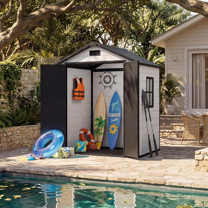 Outdoor Storage Shed with Floor, Plastic Resin Garden Shed with Window & Sloping Roof & Lockable Door for Patio Backyard Garden, Lawn Mower, Bike, Tool Storage (Grayish White + Black, 6' x 4')