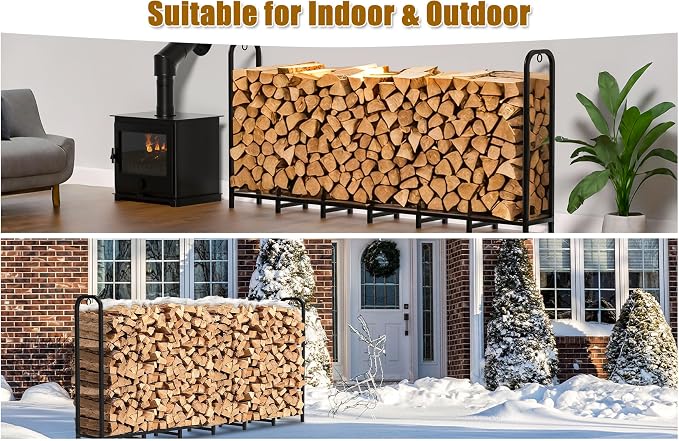 Gtongoko 8ft Heavy Duty Metal Firewood Rack Outdoor Indoor Adjustable Fire Wood Holder Rack for Fireplace, Log Racks for Firewood Outdoor, Wood Pile Storage Organizer, Black