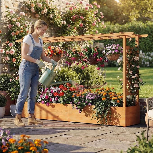 HAPPYGRILL Raised Garden Bed with Trellis, Freestanding Wood Planter Box w/Hanging Roof & 8 Drainage Holes for Vine, Climbing Plants, Flowers, Outdoor Planter with Trellis for Garden, Patio, Yard