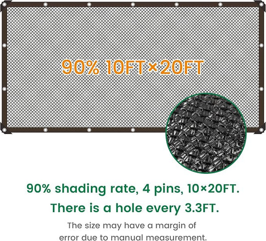 Shade Cloth, 10FT X 20FT 90% Black Outdoor Woven Sun Shade with Grommets, Durable Breathable Netting Shading Antifreezing for Patio, Garden, DIY Home, Plants Cover, Greenhouse, Dog Kennel