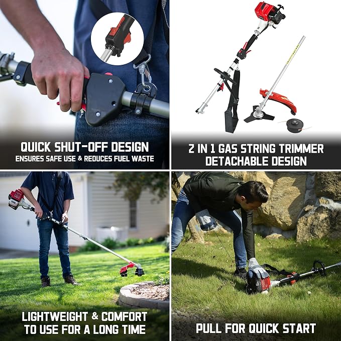 PowerSmart 21-Inch 144cc Gas Lawn Mower & 16-Inch 25.4cc String Trimmer/Edger with 10-Inch Brush Cutter for Grass Cutting
