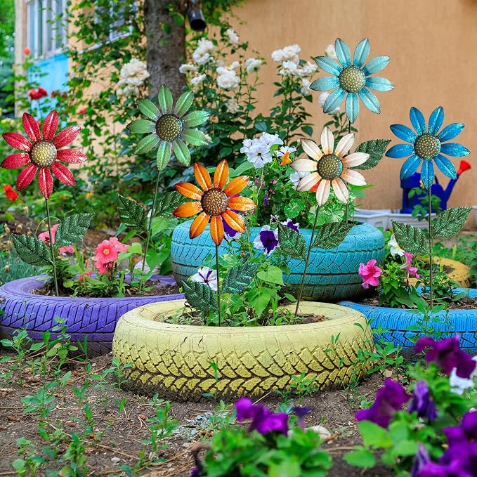 HUTHDAK Metal Flowers for Outside,8 Pack 16.15" Decorative Garden Stakes with Swaying Flowers Head Yard Art,Spring Garden Decor for Lawn, Pathway & Garden