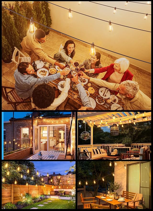 Brightown 108FT Solar String Lights Outdoor Waterproof with Remote, 50+2 LED Shatterproof Bulbs, Dimmable & Timable, 3 Light Modes - Commercial Grade Patio Lights for Garden Backyard Party Decor