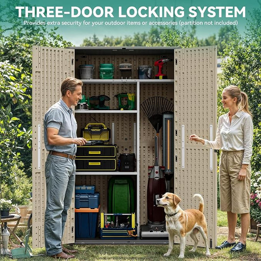 YITAHOME 60 cuft Vertical Outdoor Storage Shed with Shelf, Large Waterproof Storage Cabinet for Garden Shed, Tall Outdoor Storage Shed for Garage, Pool Storage, Resin, Lockable, Khaki & Brown