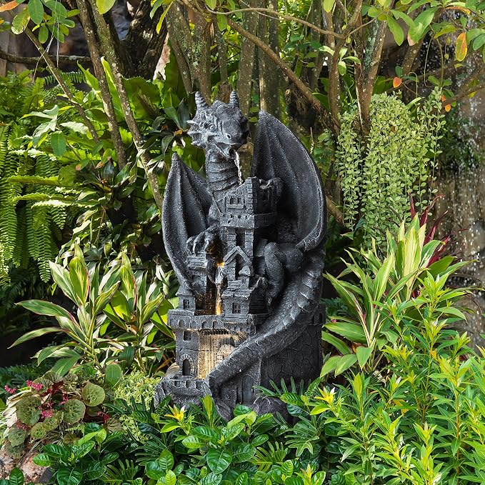 Glitzhome 37"H 4 Tiers Resin Waterfalls Water Fountain, Mystical Gothic Dragon Perched Atop The Castle Sculptural with Pump & LED Light Indoor Outdoor Floor Fountain for Garden Patio Backyard Decking