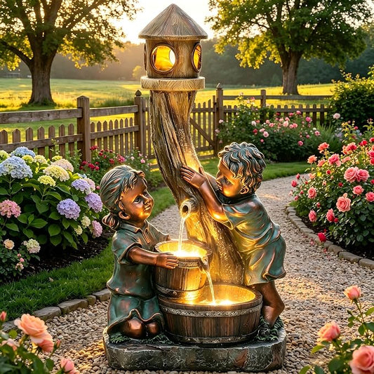 31" Boy and Girl Outdoor Fountain LED 3-Tier Waterfall, Faux Bronze | hand-painted antique bronze, Wood barrel and Pagoda design, patio garden,Yard and Porch