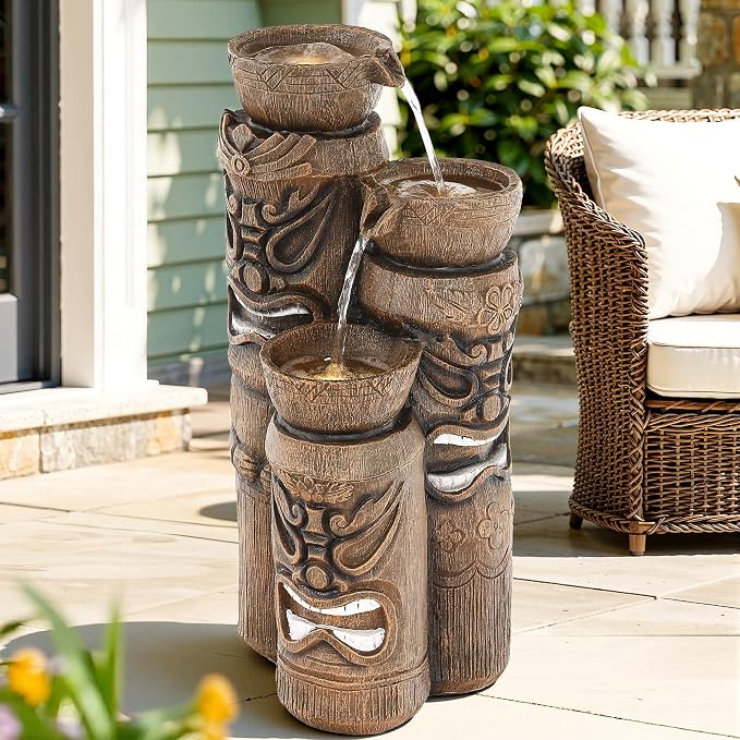 31" H Tiki Statue Outdoor Water Fountain with LED Lights | Unique 3-Tier Tropical Resin Water Feature with Soothing Cascading Waterfall for Patio, Backyard, Garden or Porch