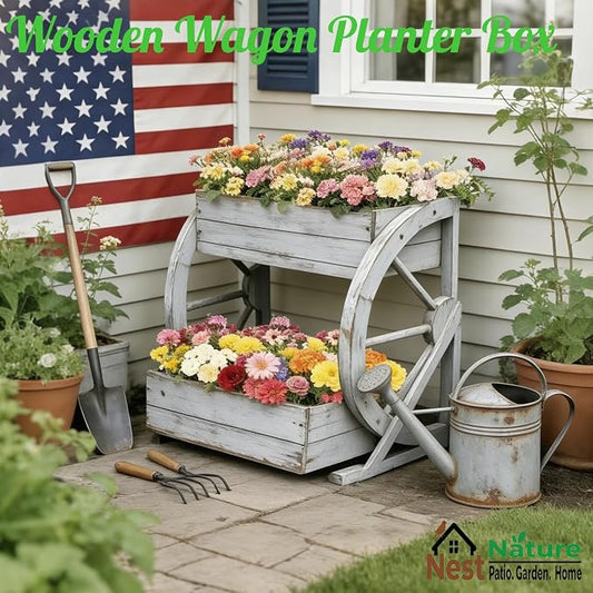 NestNature Wooden Wagon Planter Box|Rustic Planter Use On Indoor&Outdoor | 2-Tier Medium Solid Wood Planter-Flower Pot Use On Patio,Porch,Garden-Raised Garden Bed For Succulents, Herbs, Vegetables