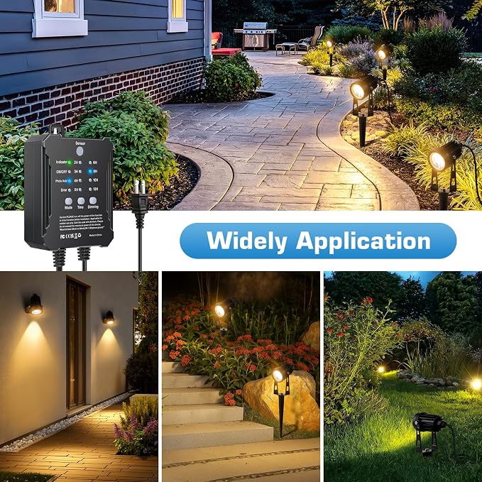 Low Voltage Landscape Lighting Kit, 6 Pack LED Spotlights with 24W Transformer, Dusk-to-Dawn Sensor & Timer, 3000K Waterproof Outdoor Landscape Lights for Yard, Garden, Pathway, Trees