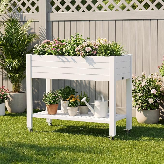 Fancyango Raised Garden Bed with Wheels 33.7" H -Medium Ashen | Resin Elevated Garden Planter Box with Drainage, Outdoor Planter Box for Veggies Herbs Patio Balcony Backyard