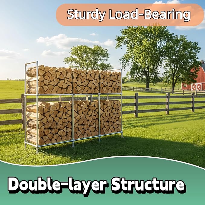 8ft Heavy Duty Tall Firewood Rack with Dual-Tier Structural Design | Constructed with Galvanized Steel Pipes and Featuring a Firewood Rack Cover,Load-bearing Capacity 4,800 lbs,Indoor/Outdoor