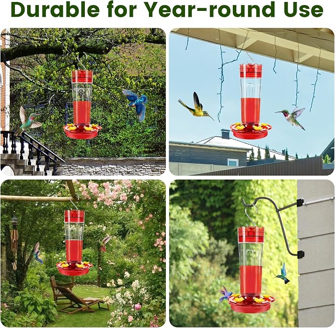 2 Pack Glass Hummingbird Feeders for Outdoors Hanging Ant and Bee Proof,15 Ounces Red Hummingbird Feeder with 5 Feeding Ports and Perches, Built-in Ant Moat, Outside Garden Décor (Glass, 2)