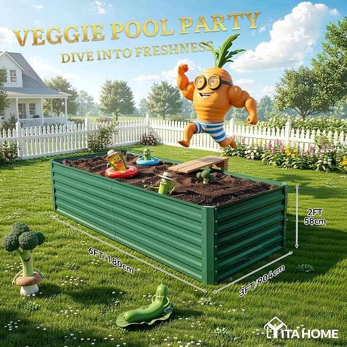YITAHOME 6x3x2ft Galvanized Raised Garden Bed, Metal Planter Box with Safety Rubber, Gloves, Outdoor Flower Bed for Planting Plants Vegetables, Green
