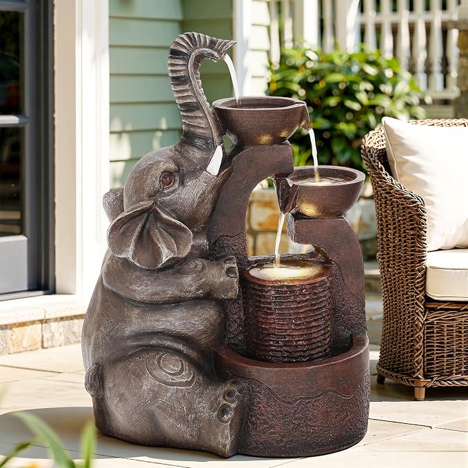 20" Elephant Outdoor Fountain LED 3-Tier Waterfall, Bronze | 3-bowl cascading water, garden patio backyard porch