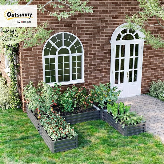 Outsunny 8 x 8ft DIY Raised Garden Bed, Large Galvanized Steel Planter Box with 5 Compartments, for Outdoor Plants, Vegetables, Flowers, Herbs, Easy Assembly, Gray