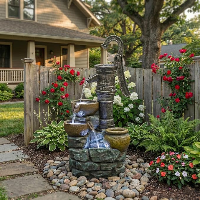 32 Inch Large Outdoor Fountain with Vintage Pump Design, Freestanding Resin Waterfall Feature, Weather Resistant Construction for Patio Yard Garden Backyard Entryway Decor