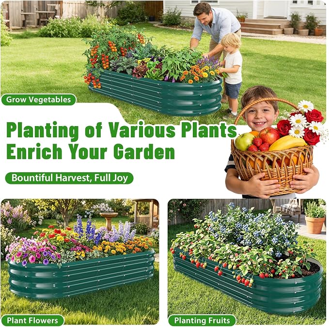 Oval Raised Garden Bed, 5 x 2 x 1FT, Galvanized Steel Planter Box with Wave-Shaped Metal Panels Painted for Outdoor Flower,Tree,Herb & Vegetable Garden (Green, 60X24X12 inches)