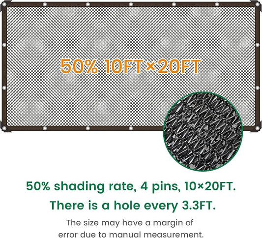 Shade Cloth, 10FT X 20FT 50% Black Outdoor Woven Sun Shade with Grommets, Durable Breathable Netting Shading Antifreezing for Patio, Garden, DIY Home, Plants Cover, Greenhouse, Dog Kennel