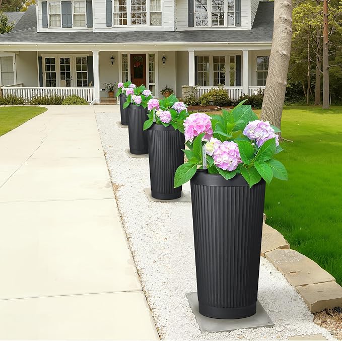 FENCY Self Watering Tall Planters Set of 2, Black Round | 24 Inch, with Water Level Indicator& Spacious Reservoir, Plastic Tapered Pots, Weather-Resistant, Front Door Decor