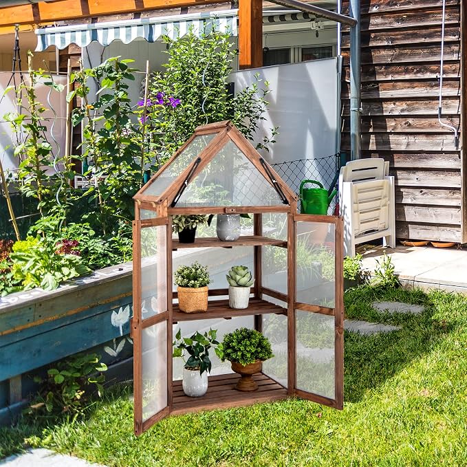GRAFFY Wooden Cold Frame Greenhouse, Portable Raised Flower Planter Shelf with 3 Removable shelves and Transparent Flip-Top Roof, Mini Greenhouse Cabinet for Outdoor Indoor Use(27" L x 16" W x 58" H )