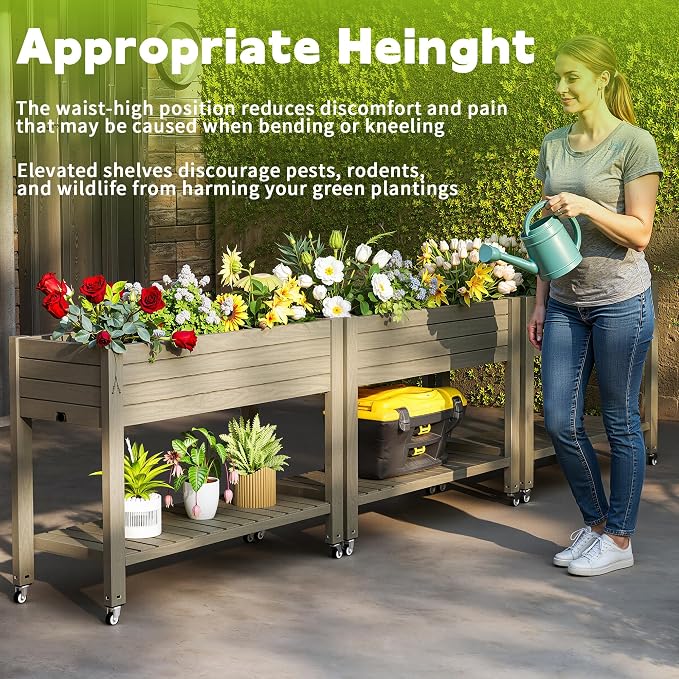 PatioZen Raised Garden Bed with Legs, 33.66" Tall Self-Watering Resin Planter Box with Lockable Wheels Drainage Plug and Gauge for Vegetables, Flowers, Storage Shelf for Tools and Accessories (Grey)