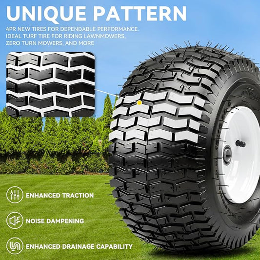 YITAMOTOR 15x6.00-6 Lawn Mower Tires & Wheel Assemblies, 4 Ply Pneumatic Front Tires Replacement Fits John Deere, Lawn Tractors, More Riding Mowers | 3" Centered Hub, 3/4" Bearings, 570LBS (Set of 2)