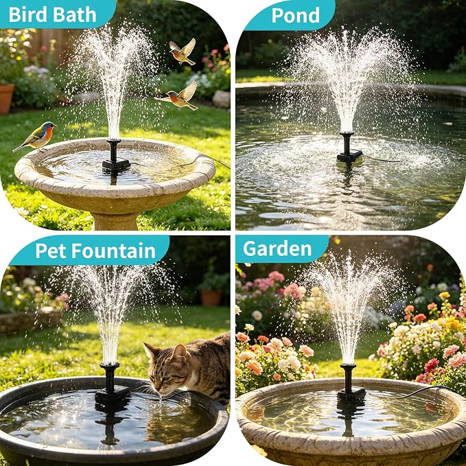 Solar Fountain Pump, DIY Solar Water Pump Kit for Bird Bath, Upgraded 1.8W Solar Powered Fountain with 9.84FT Cord & 4 Nozzles Modes for Outdoor Features, Ponds, Garden, Fish Tank