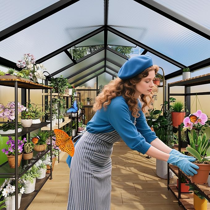 6x6 ft Walk-in Greenhouse, Polycarbonate Panels with Reinforced Aluminum Frame, Large Garden Green House for Planting and Seed Starting, Quick-Assembly Structure with Adjustable Roof Vent