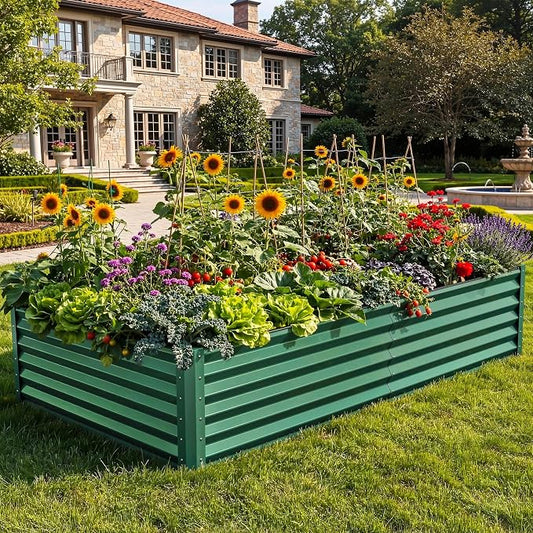 YITAHOME 8x4x1.5ft 2pcs Large Raised Garden Bed Kit, Galvanized Metal Planter Box with Gloves, Ground Nails & Safety Rubber, Outdoor Above Ground Planters for Plants Vegetables Flowers, Green