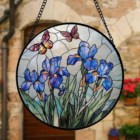 DASTOLL Stained Glass Window Hanging, Blue Iris Flowers Butterfly Suncatcher Diamond Colorful Glass Panel Sun Catchers Decor for Birthday for Women, Men, Wife, Aunt, and Mom 11.8 in