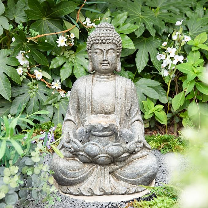 Glitzhome 28.25" Zen Buddha Fountain, Large Outdoor Water Fountain with LED Light, Polyresin Stone Powder Concrete Finish Meditating Buddha Statue for Garden Patio Yard Deck, 4 Warm LED Lights