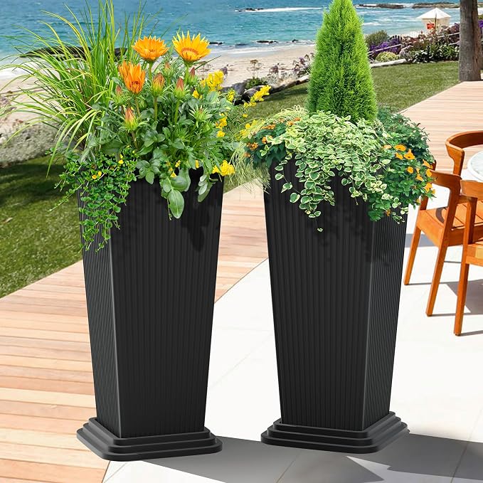 FENCY Set of 2 Tall Planters for Outdoor Plants, Black Ribbed | 24 Inch, with Drainage Hole & Trays, Plastic Tapered Pots, Weather-Resistant, Front Door Decor