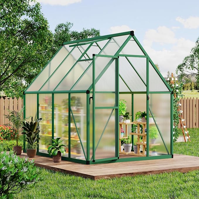 CABIHOME 8x12 FT Outdoor Greenhouse, Polycarbonate Greenhouse with Roof Vent and Ground Nails, Aluminum Large Walk-in Green House w/ Lockable Push Door for Outdoor Garden (Green, 6x7 FT)