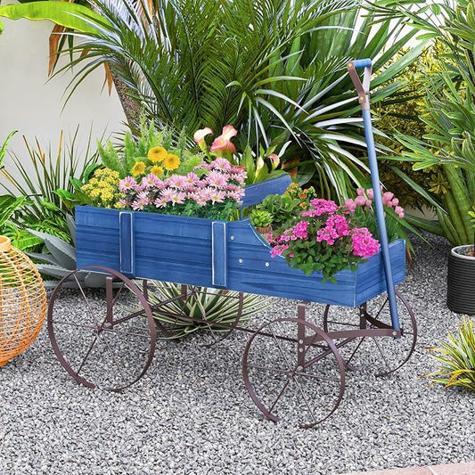 HAPPYGRILL Wooden Wagon Planter, 24.5” x 13.5” x 24” Decorative Garden Planter w/ 2 Planting Sections, Wheels, Handle, Small Decorated Cart, Flower Planter Box for Indoor Outdoor Festival Patio (Blue)