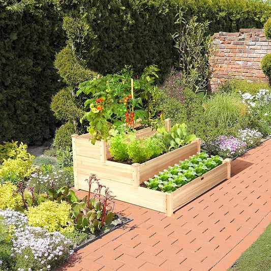 S AFSTAR 3-Tier Raised Garden Bed, Wood Elevated Planter Box with 3 Dividable Bed Kit, Outdoor Above Ground Garden Beds for Plants Herbs Vegetables, Stackable & Flat Arrangement, 49"L x 49"W x 22"H