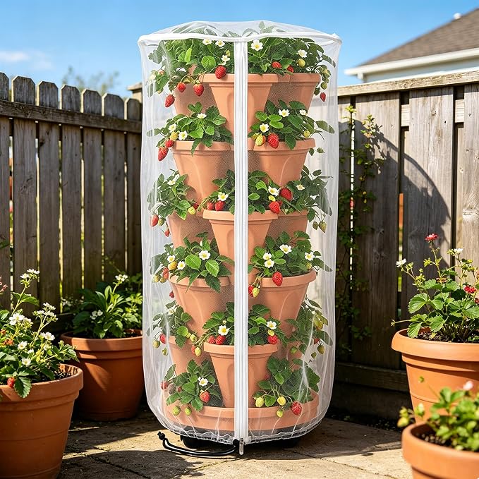 2 Pcs Vertical Plant Pot Insect Netting with Zipper, 39"x20" Stackable Planter Garden Net Cover, 3 to 5 Tier Planter Pot Insect Bird Barrier Protection Mesh for Strawberry Herb Flower Fruit Vegetable