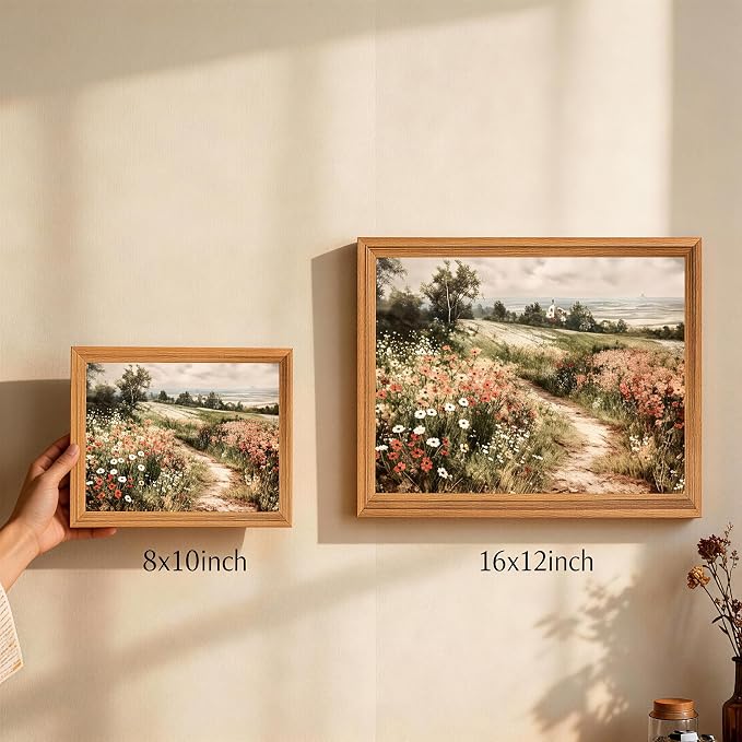 smvexyl Farmhouse Vintage Landscape Wall Art, Framed Canvas Print, Rustic Wildflower Meadow Country Path Painting for Living Room Bedroom Bathroom, 8x10 inch