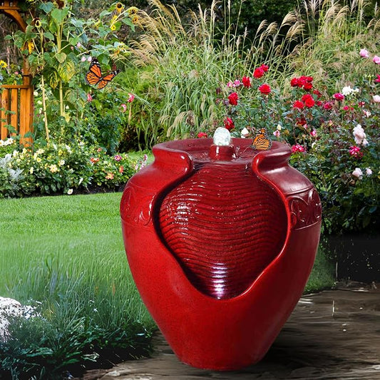 Teamson Home Outdoor Pot Fountain with LED Lights and Pump, Floor Water Fountain for Patio, Garden, Backyard, Decking Home Décor, 16.93 Inch Height, Red | LED Lights, Pump Included, Floor Water Fountain, For Patio, Garden, Backyard, Decking