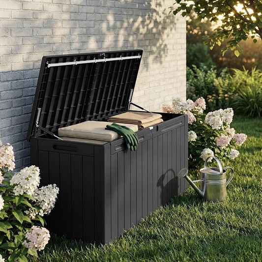 110 Gallon Deck Box Outdoor Indoor Waterproof Storage Box for Patio Furniture, Pool Accessories, Garden Tools, and Cushion Storage, Black
