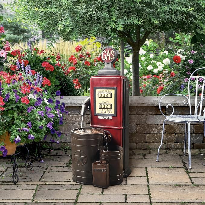 Peaktop Teamson Home Vintage Gas Station Statue 3 Tiered Floor Waterfall Fountain with Pump for Outdoor Patio Garden Backyard Decking, 42 Inch Height, Dark Red | Statue Design, 42 Inch Height, Includes Pump, For Outdoor Patio Garden Backyard Decking