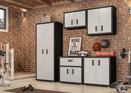 Floating Garage Storage Cabinet - Heavy-Duty Wall Mount Steel Cabinet, Lockable 2-Door Design, Removable Shelf, 44 lbs Capacity, Ready-to-Assemble Metal Garage Organizer (Black and Grey)