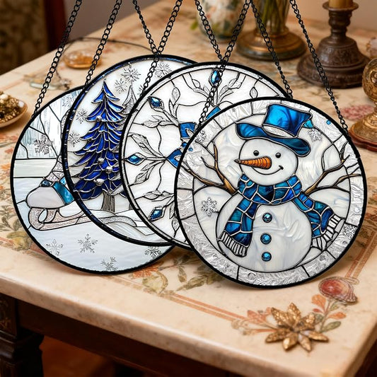 DASTOLL Stained Glass Window Hanging 4 Pcs Set White Winter Christmas Snow Scene Large 11.8" - Suncatcher Door Garden Sun Catcher Decor Birthday for Mom Woman Nana Men Friend Wife
